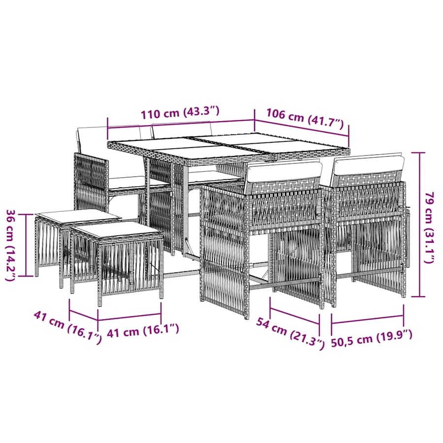 Ensemble à manger de jardin et coussins 9 pcs marron poly rotin - 6