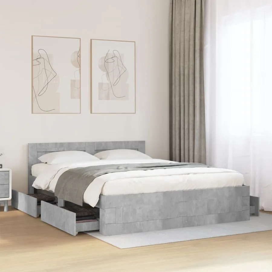 Cadre de lit et tête de lit sans matelas gris béton 150x200 cm