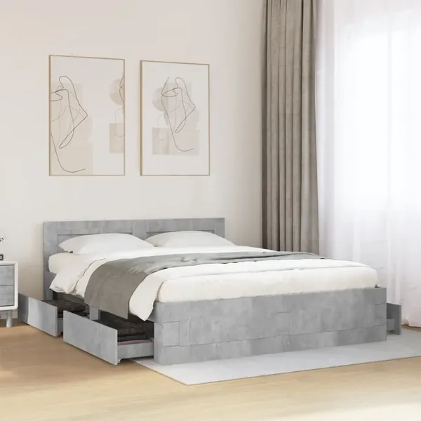 Cadre de lit et tête de lit sans matelas gris béton 150x200 cm