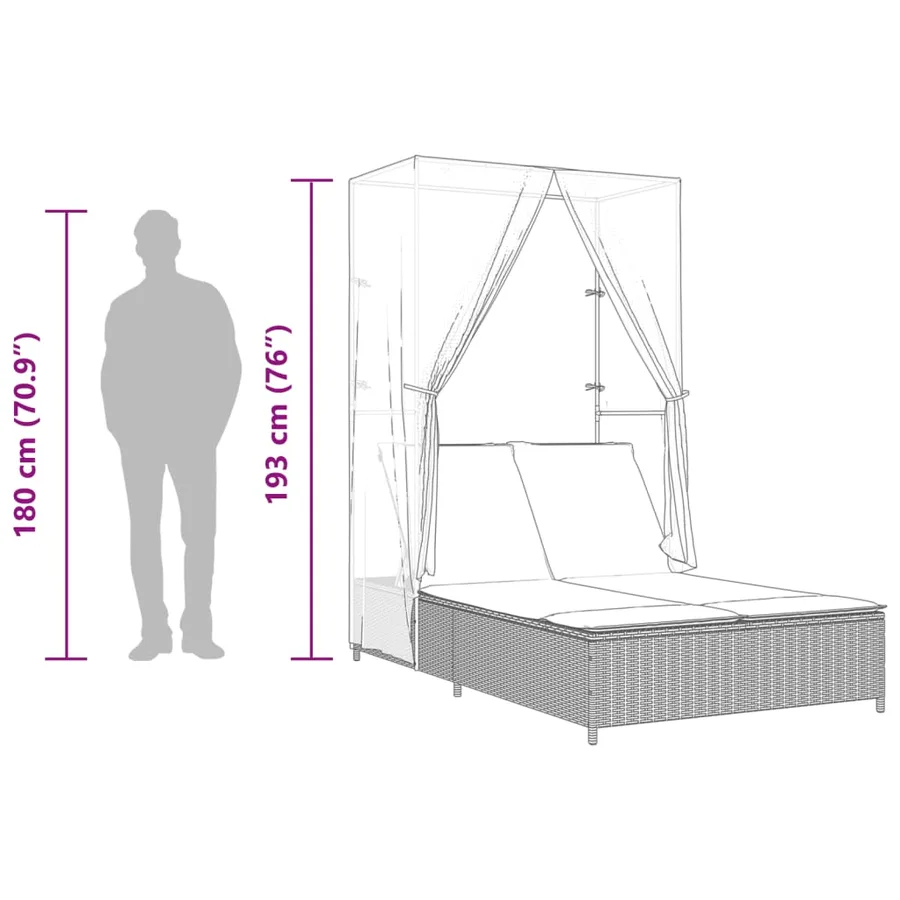 Chaise longue double avec toit et rideaux marron résine tressée - 10