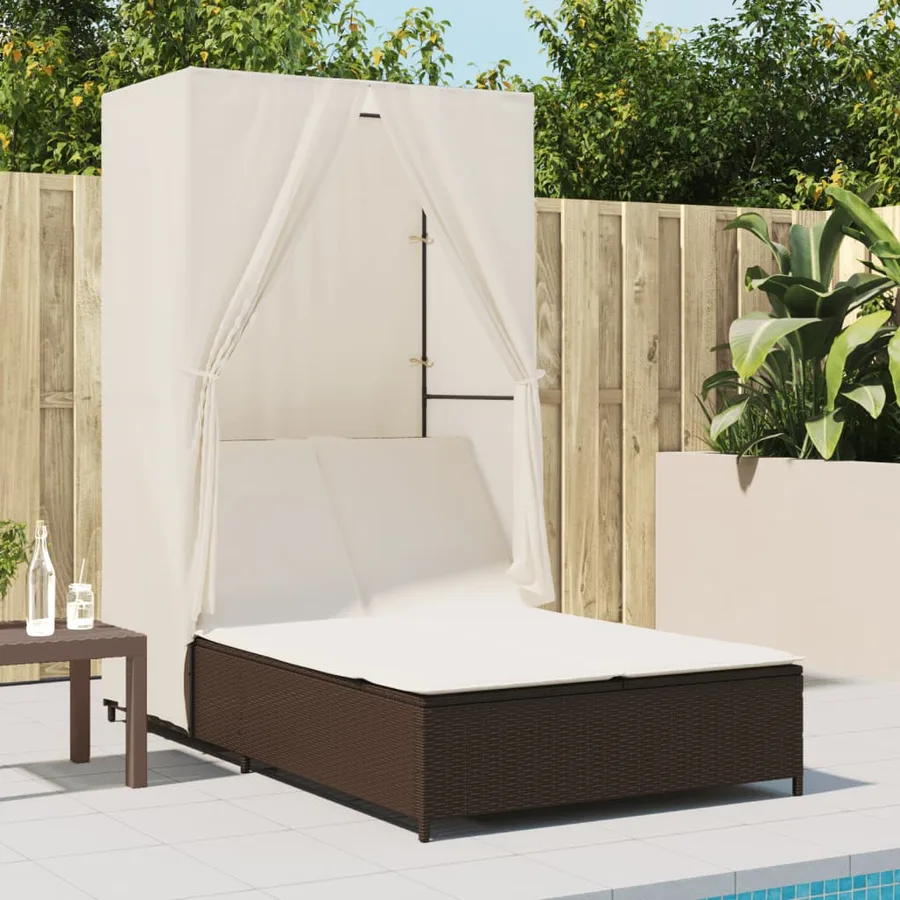 Chaise longue double avec toit et rideaux marron résine tressée - 3