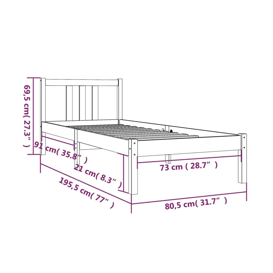 Cadre de lit sans matelas bois massif 75x190 cm - 9