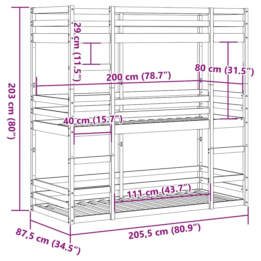 Lit superposé triple sans matelas 80x200 cm bois de pin massif - 11