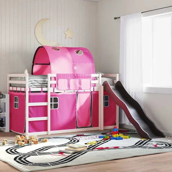Lit superposé sans matelas avec toboggan et rideaux 80x200 cm