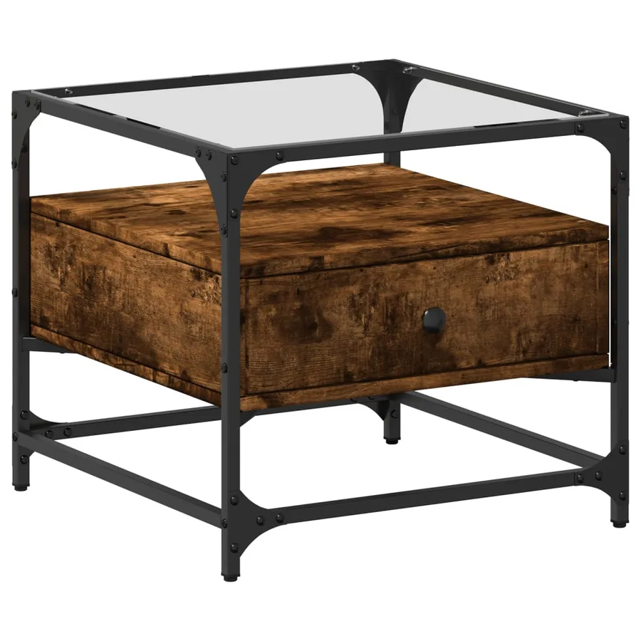 Table basse avec dessus en verre chêne fumé 50x50x45 cm acier - 2