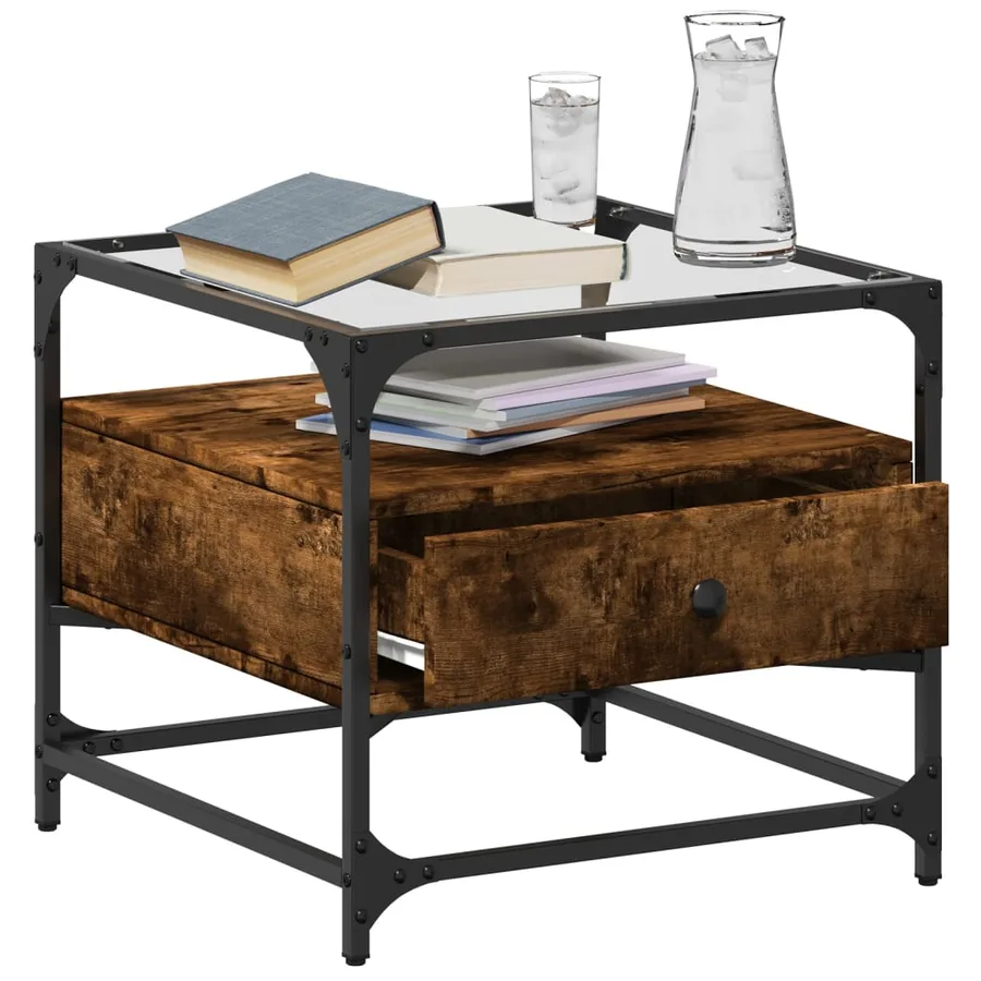 Table basse avec dessus en verre chêne fumé 50x50x45 cm acier - 3