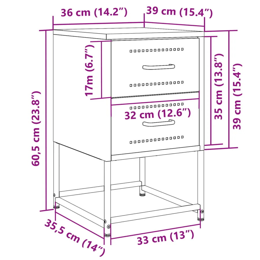 Table de chevet vert olive 36x39x60,5 cm acier - 12