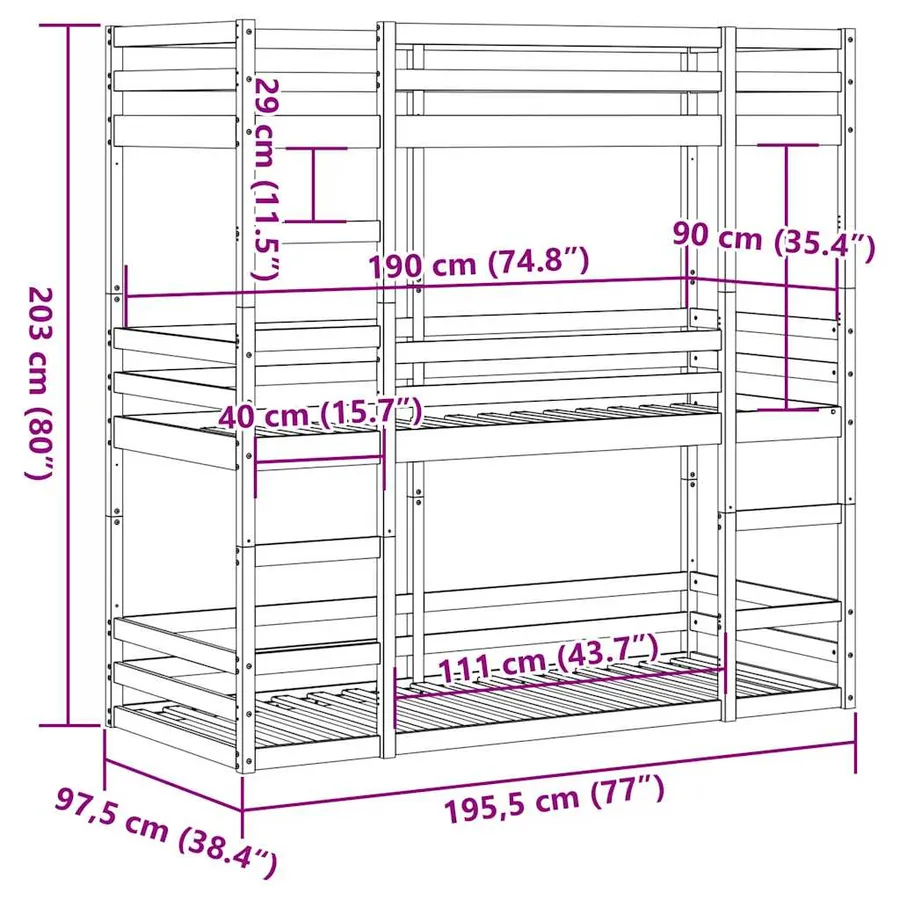 Lit superposé triple sans matelas 90x190 cm bois de pin massif - 10