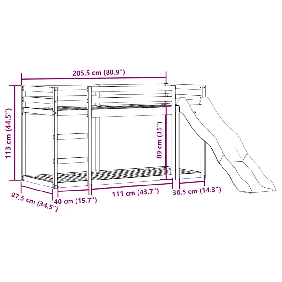 Lit superposé avec toboggan et échelle sans matelas 80x200 cm - 11