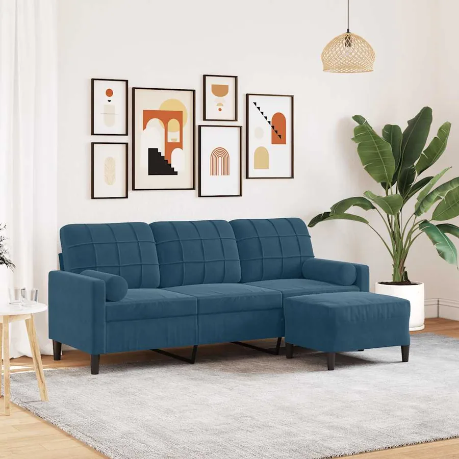 Canapé à 3 places avec repose-pieds Bleu 180 cm Velours