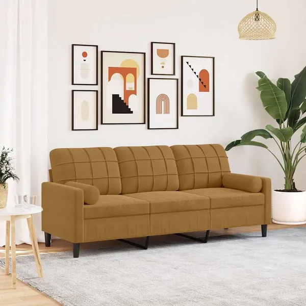 Canapé 3 places avec oreillers décoratifs marron 180 cm velours