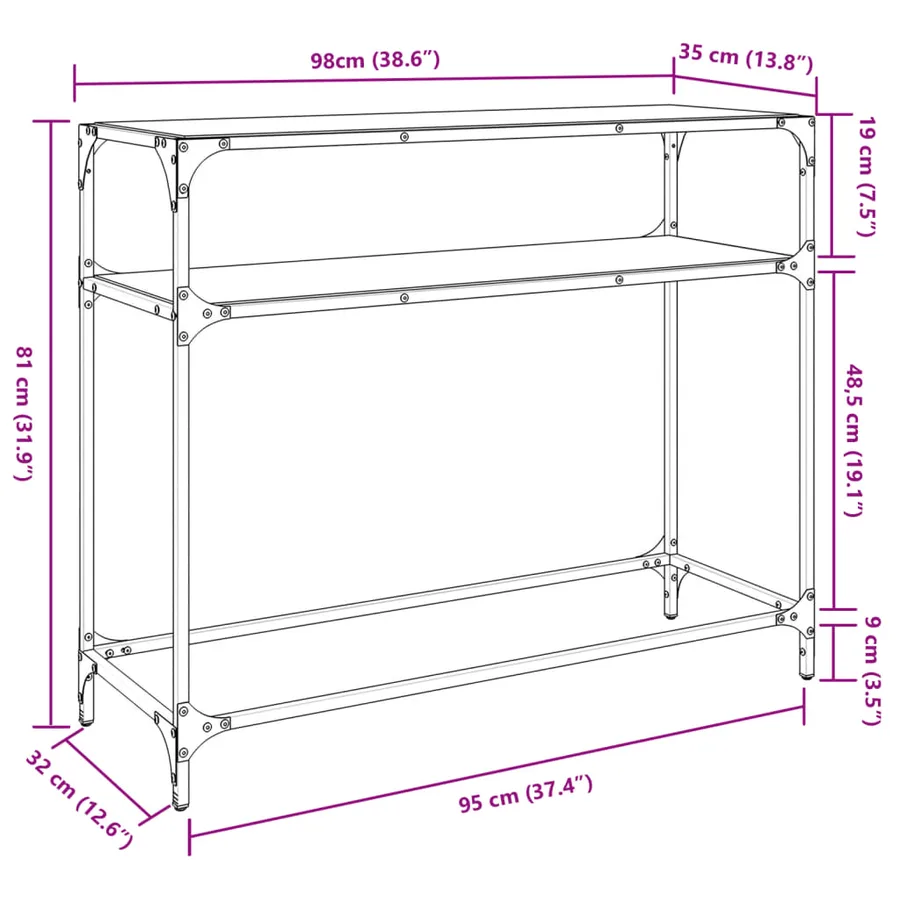 Table console avec dessus en verre transparent 98x35x81cm acier - 8