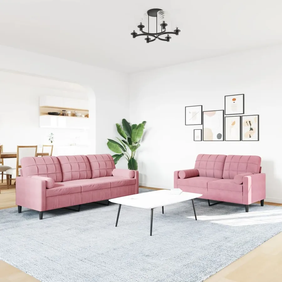 Ensemble de canapés 2pcs et coussins et traversins rose velours - 3