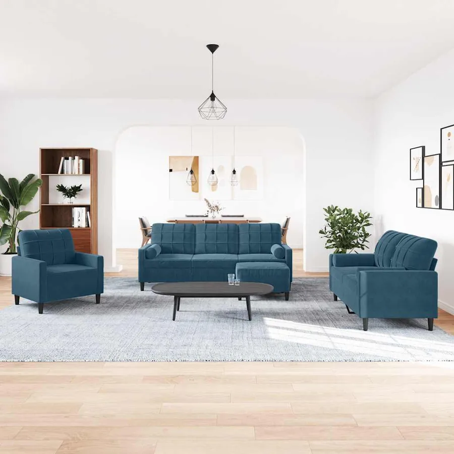 Ensemble de canapés 4pcs et coussins et traversins bleu velours - 3