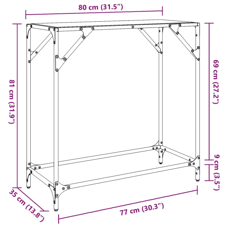 Table console avec dessus en verre transparent 80x35x81cm acier - 9