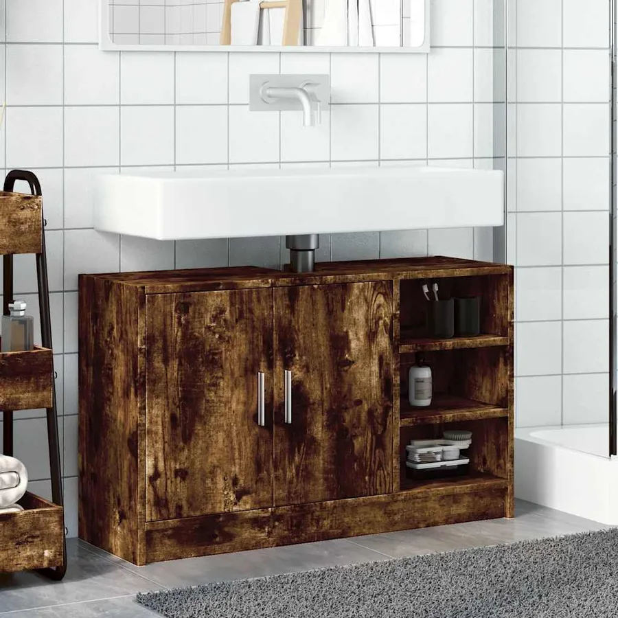 Armoire d'évier chêne fumé 90x29x55 cm bois d'ingénierie - 3