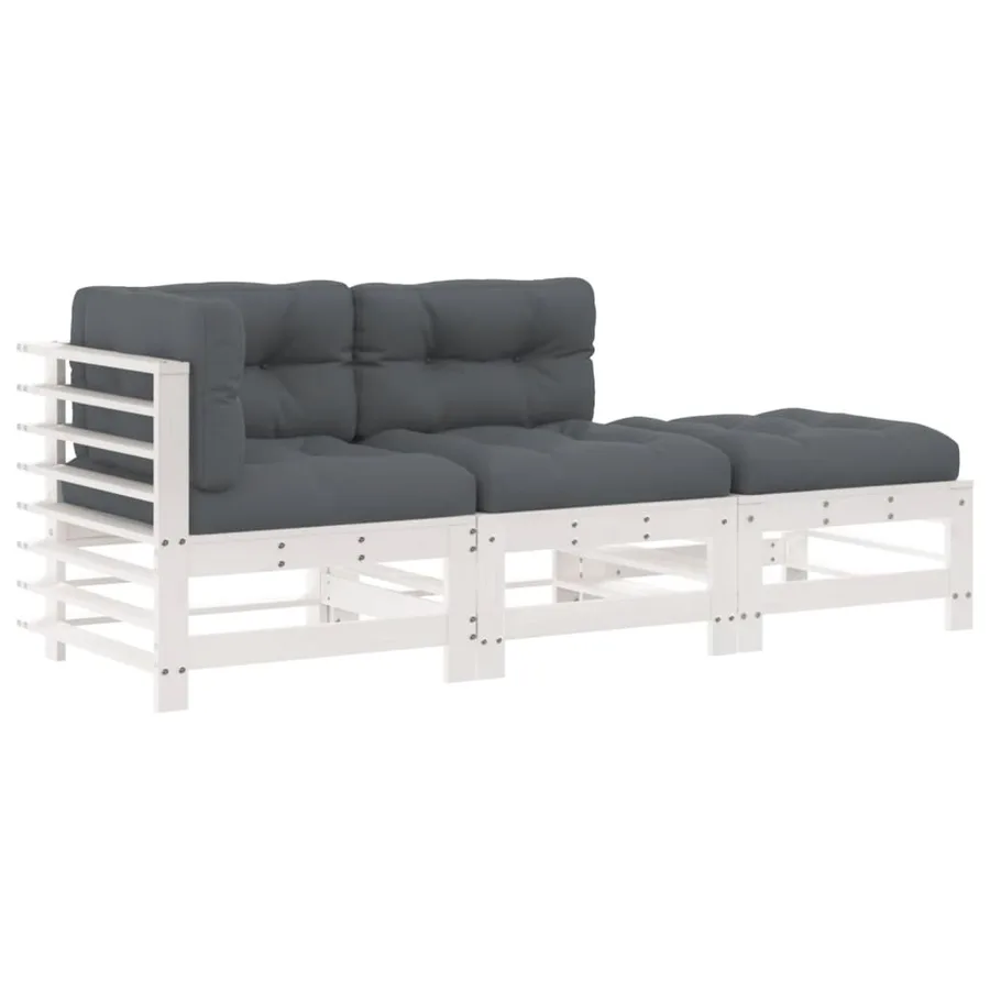 Salon de jardin 3 pcs avec coussins blanc bois massif - 2
