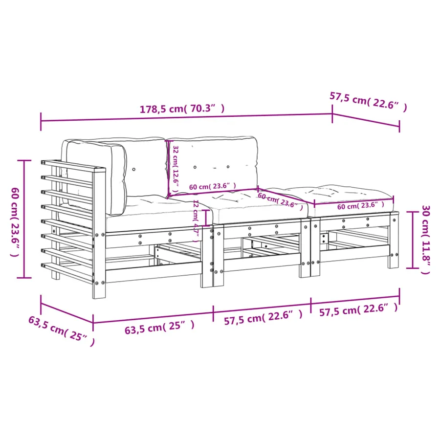 Salon de jardin 3 pcs avec coussins blanc bois massif - 9