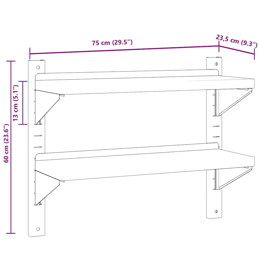 Étagère murale 2 niveaux 75x23,5x60 cm argenté acier inoxydable - 11