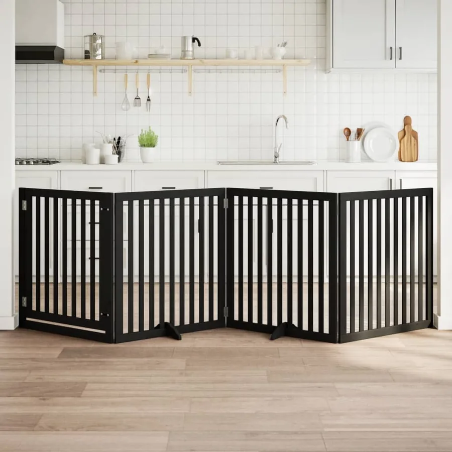 Barrière pour chiens et porte 4 panneaux noir bois de peuplier