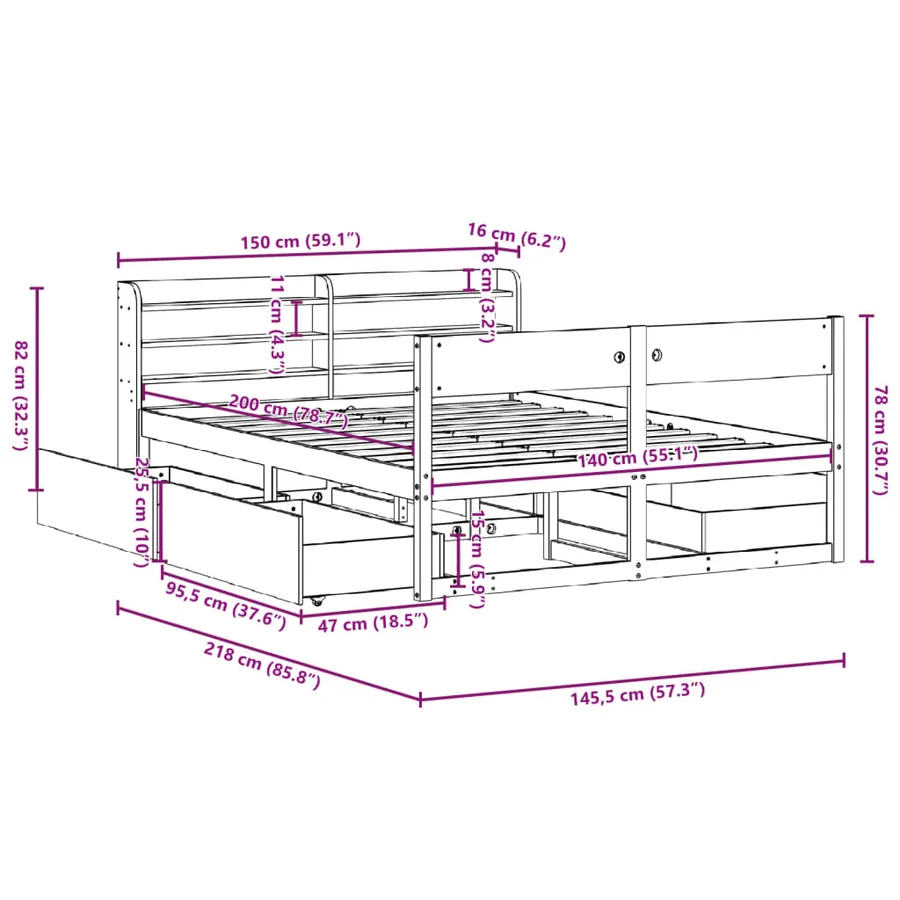 Cadre de lit sans matelas blanc 140x200 cm bois de pin massif - 12