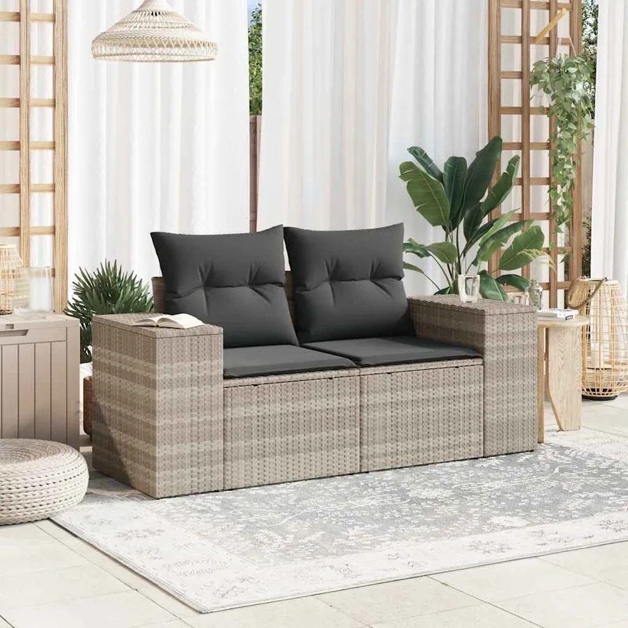 Canapé de jardin 2 places et coussins gris clair résine tressée - 3