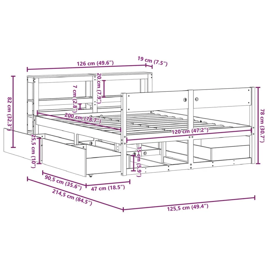 Cadre de lit sans matelas cire marron 120x190cm bois pin massif - 12