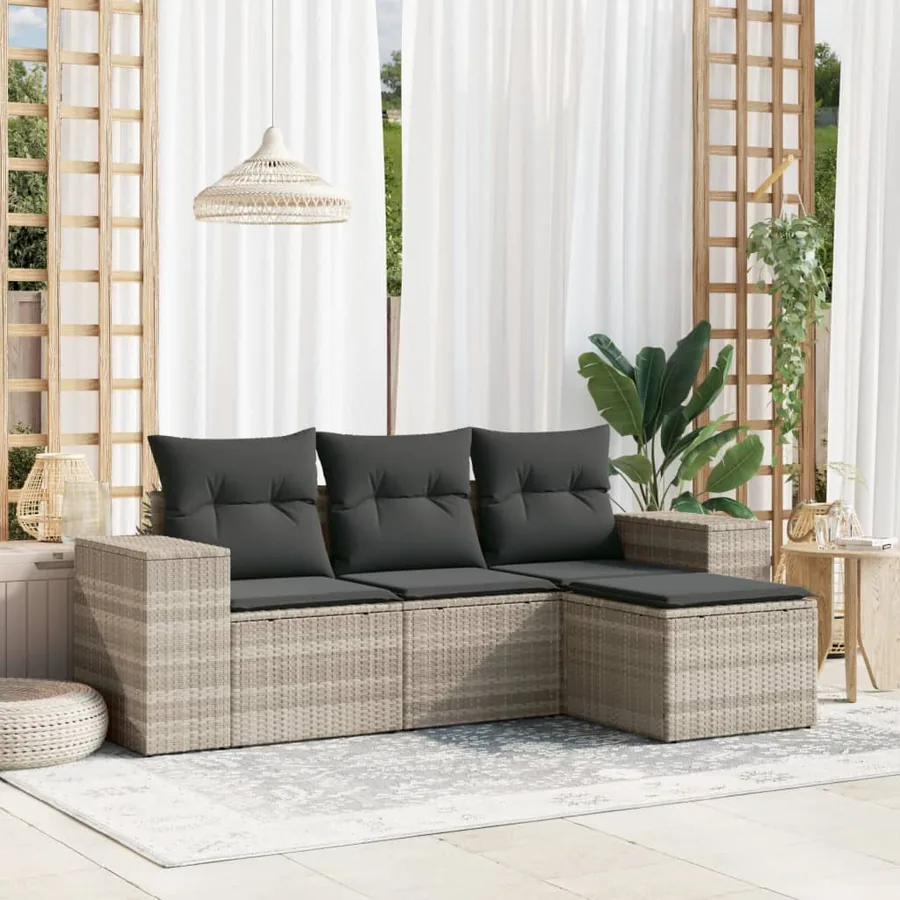 Salon de jardin 4 pcs avec coussins gris clair résine tressée