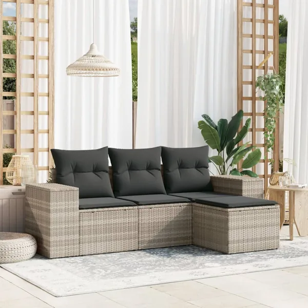 Salon de jardin 4 pcs avec coussins gris clair résine tressée