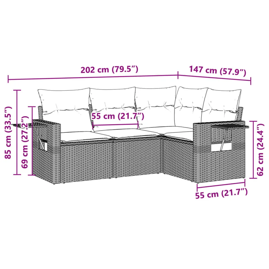 Salon de jardin 4 pcs avec coussins gris clair résine tressée - 3