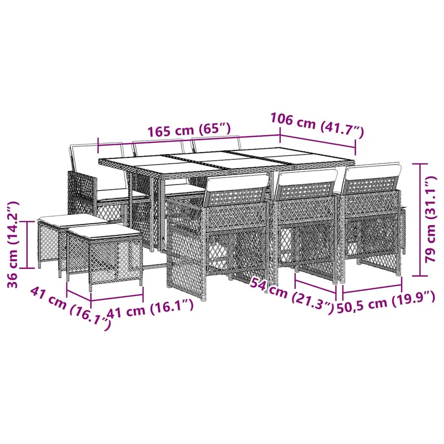 Ensemble à manger de jardin 11pcs avec coussins gris poly rotin - 11