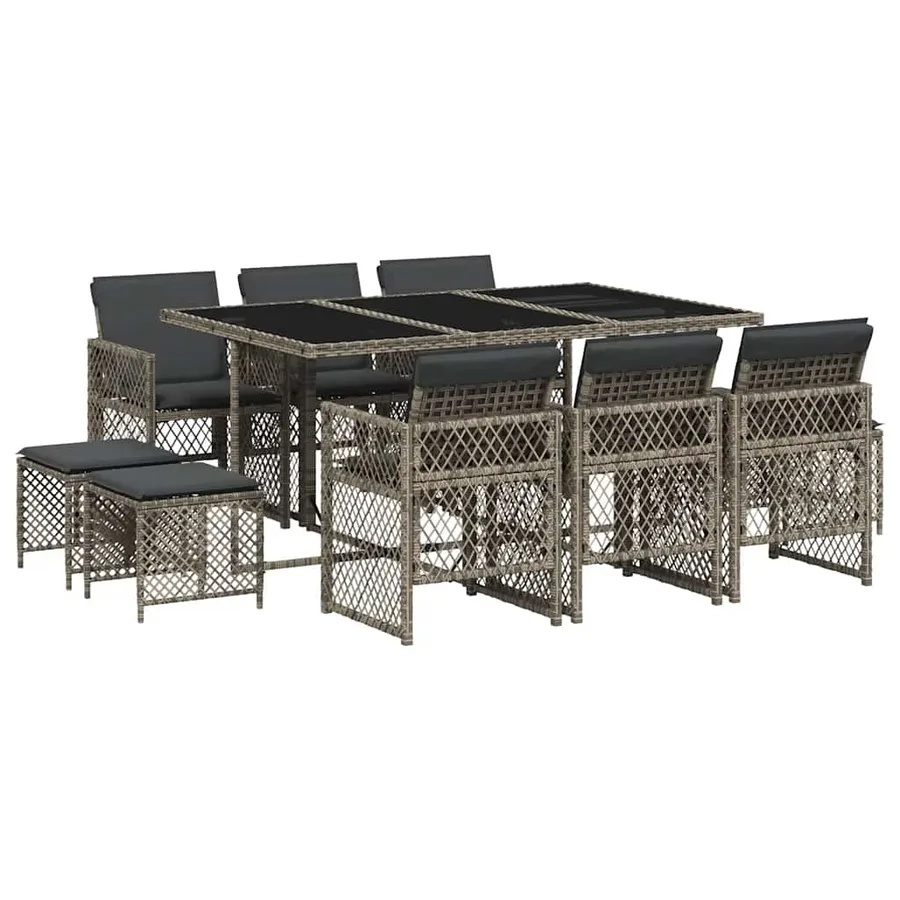 Ensemble à manger de jardin 11pcs avec coussins gris poly rotin - 2