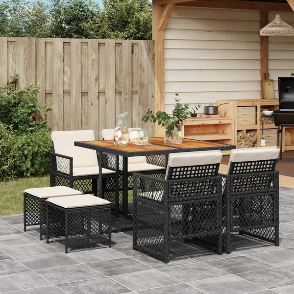 Ensemble à manger de jardin 9pcs coussins noir résine tressée