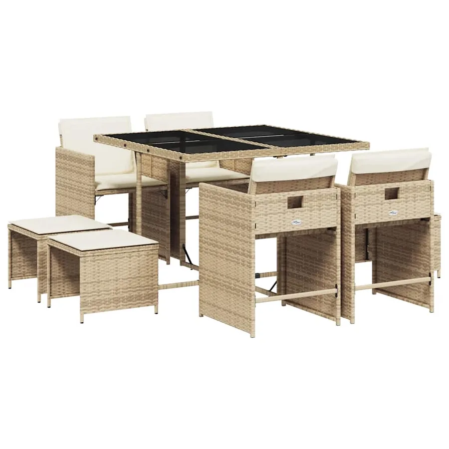 Ensemble à manger de jardin et coussins 9 pcs beige Poly rotin - 2