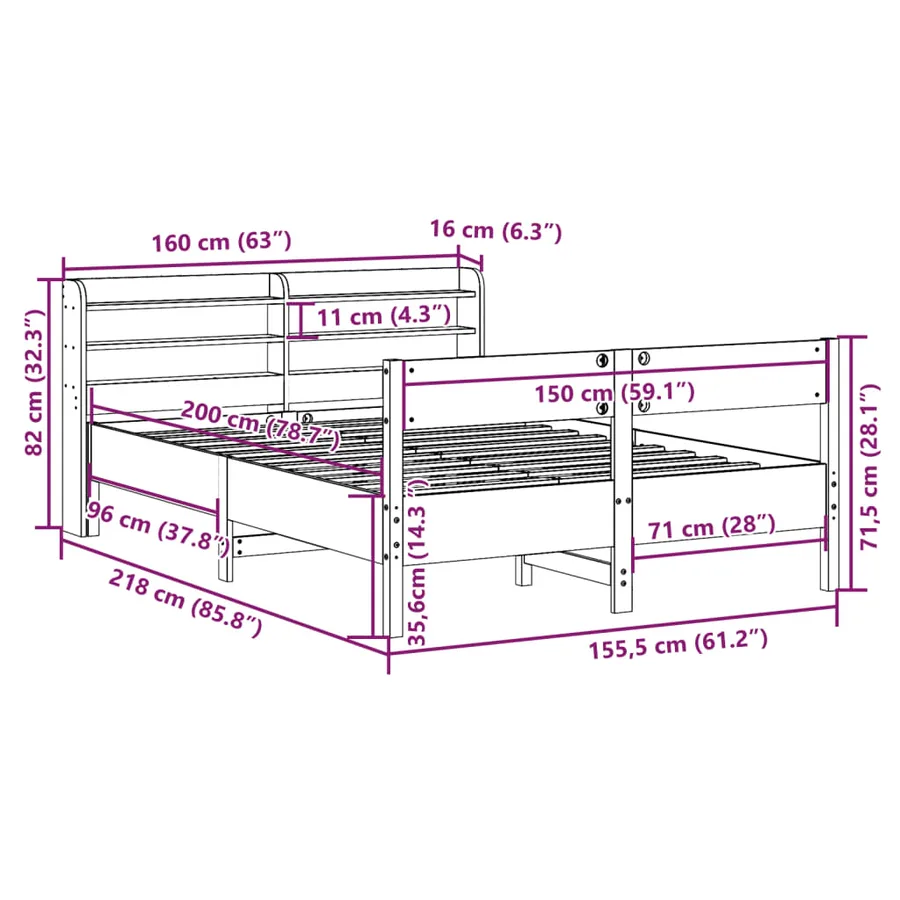 Cadre de lit sans matelas blanc 150x200 cm bois de pin massif - 12
