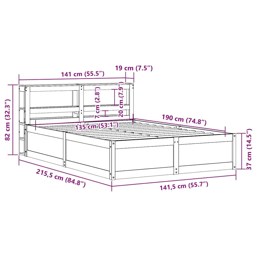 Cadre de lit avec tête de lit blanc 135x190 cm bois pin massif - 12