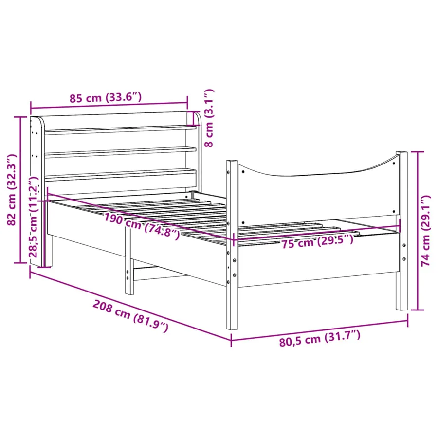 Cadre de lit avec tête de lit cire marron 75x190 cm bois de pin - 11
