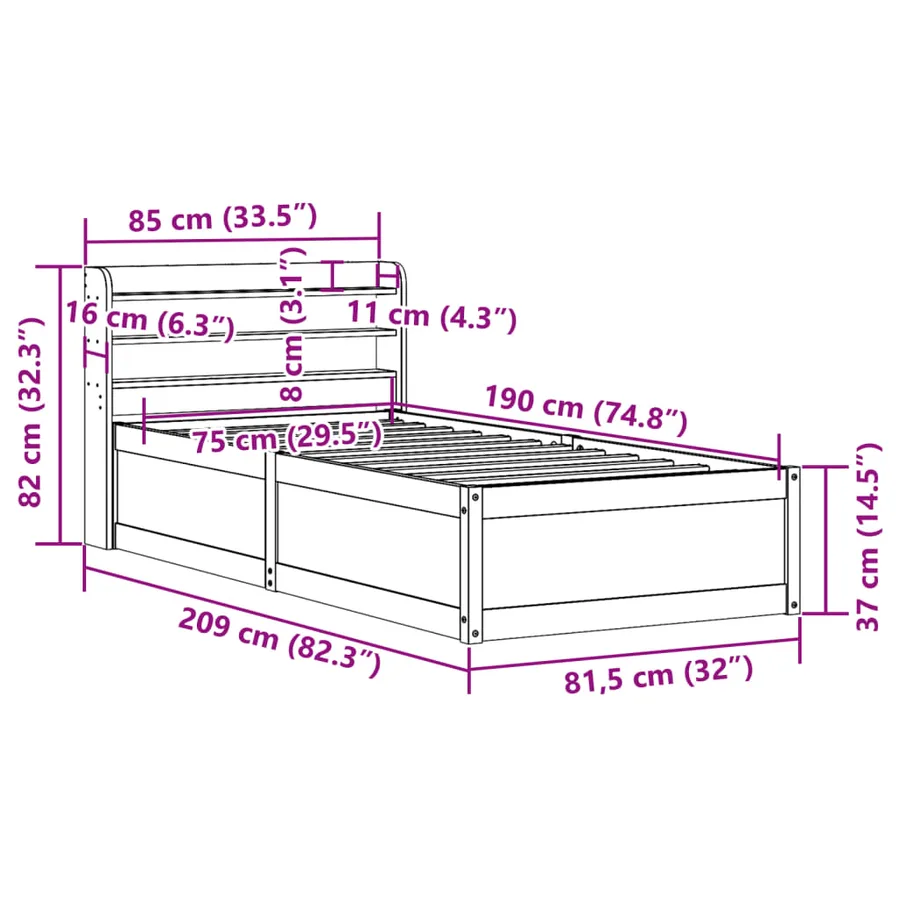 Cadre de lit avec tête de lit cire marron 75x190 cm bois de pin - 12