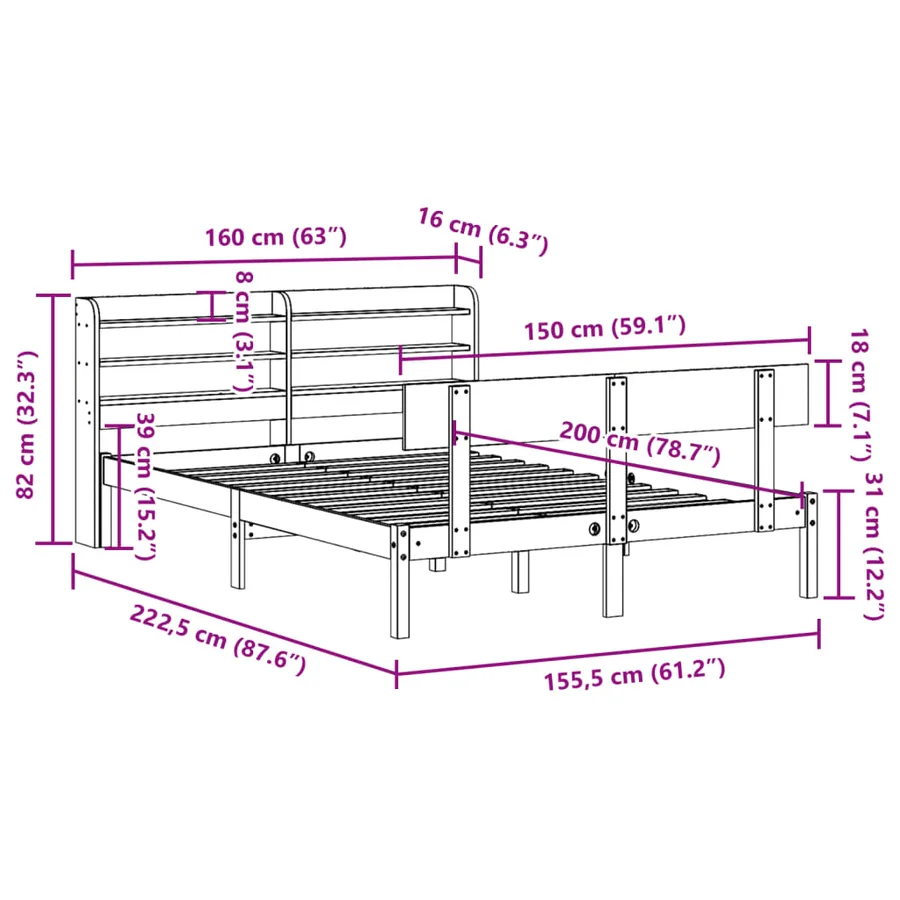 Cadre de lit sans matelas 150x200 cm bois de pin massif - 12
