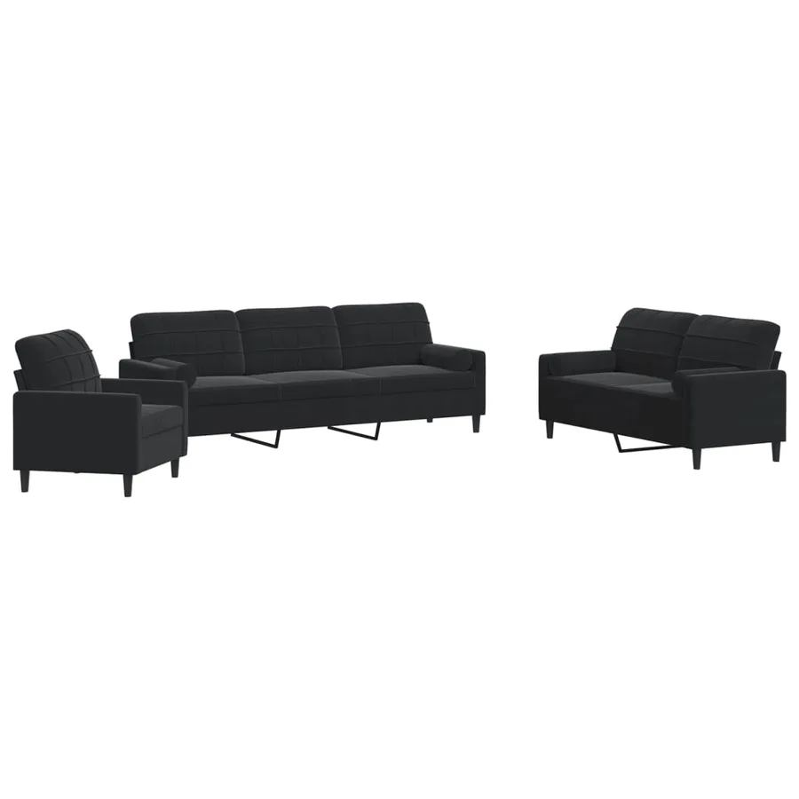 Ensemble de canapés 3pcs et coussins et traversins noir velours - 2