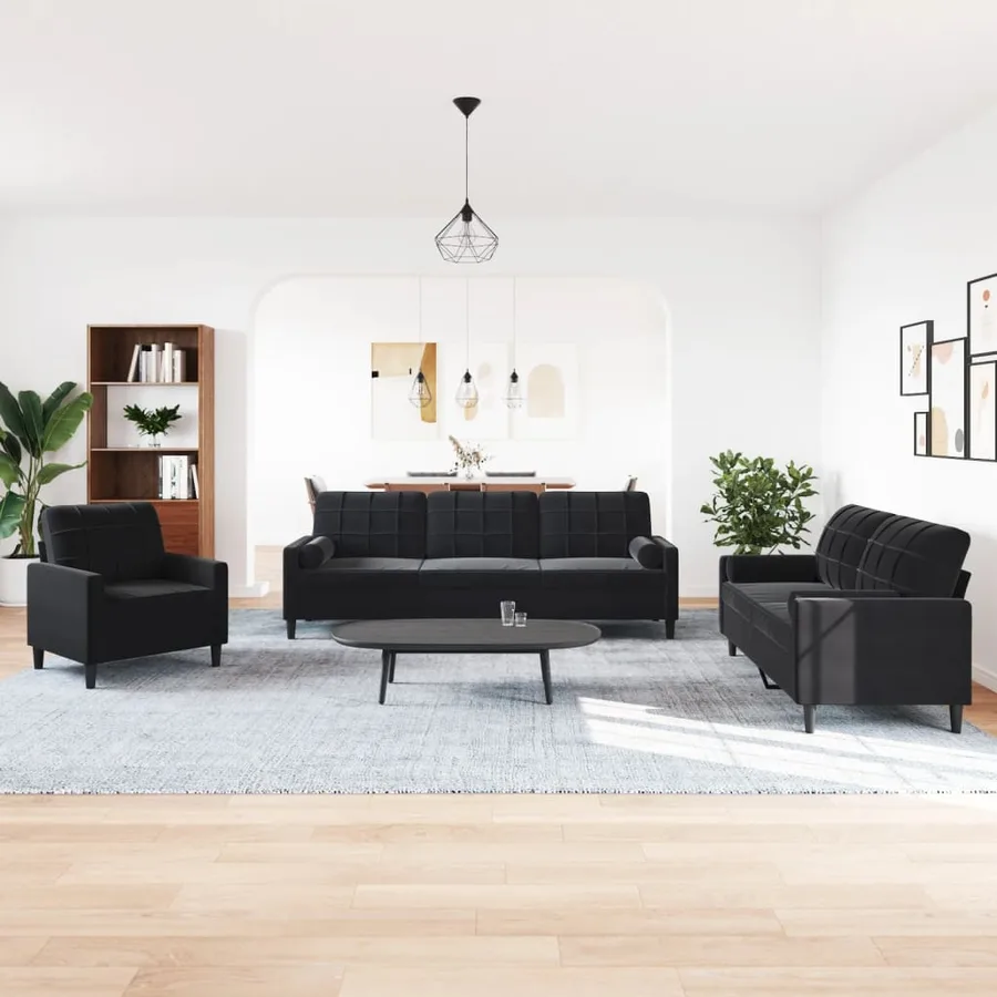Ensemble de canapés 3pcs et coussins et traversins noir velours - 3