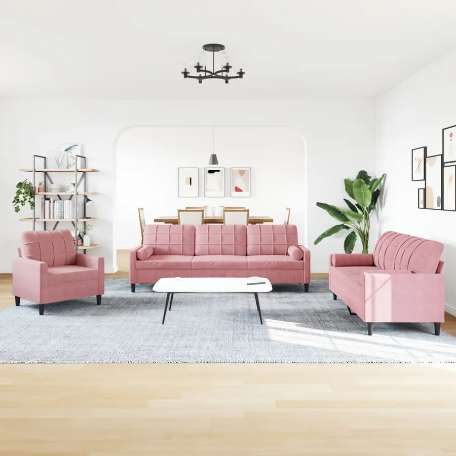 Ensemble de canapés 3pcs et coussins et traversins rose velours - 3