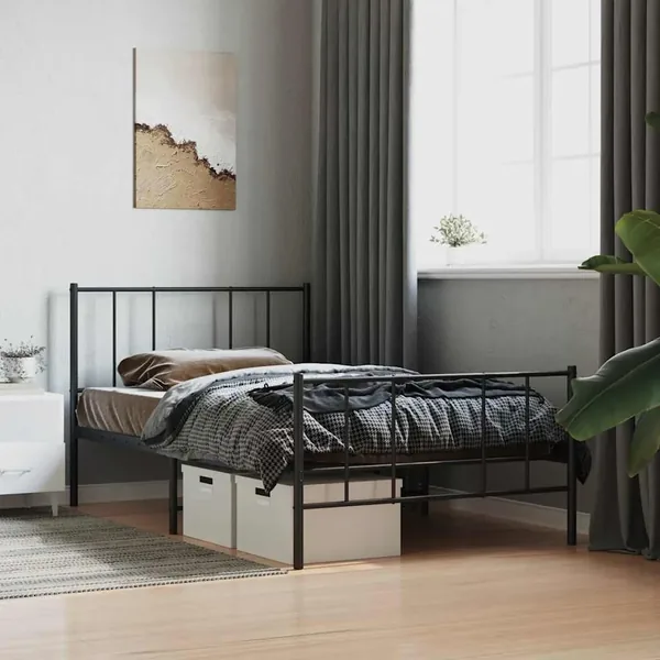 Cadre de lit métal sans matelas avec pied de lit noir 75x190 cm