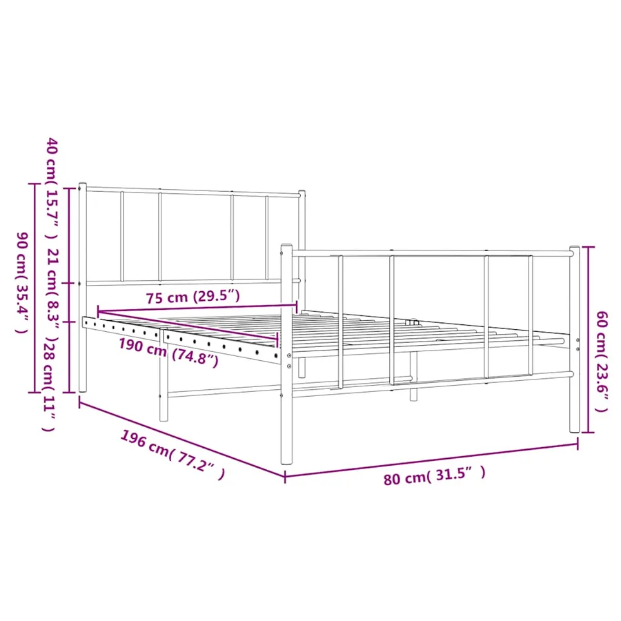 Cadre de lit métal sans matelas avec pied de lit noir 75x190 cm - 10