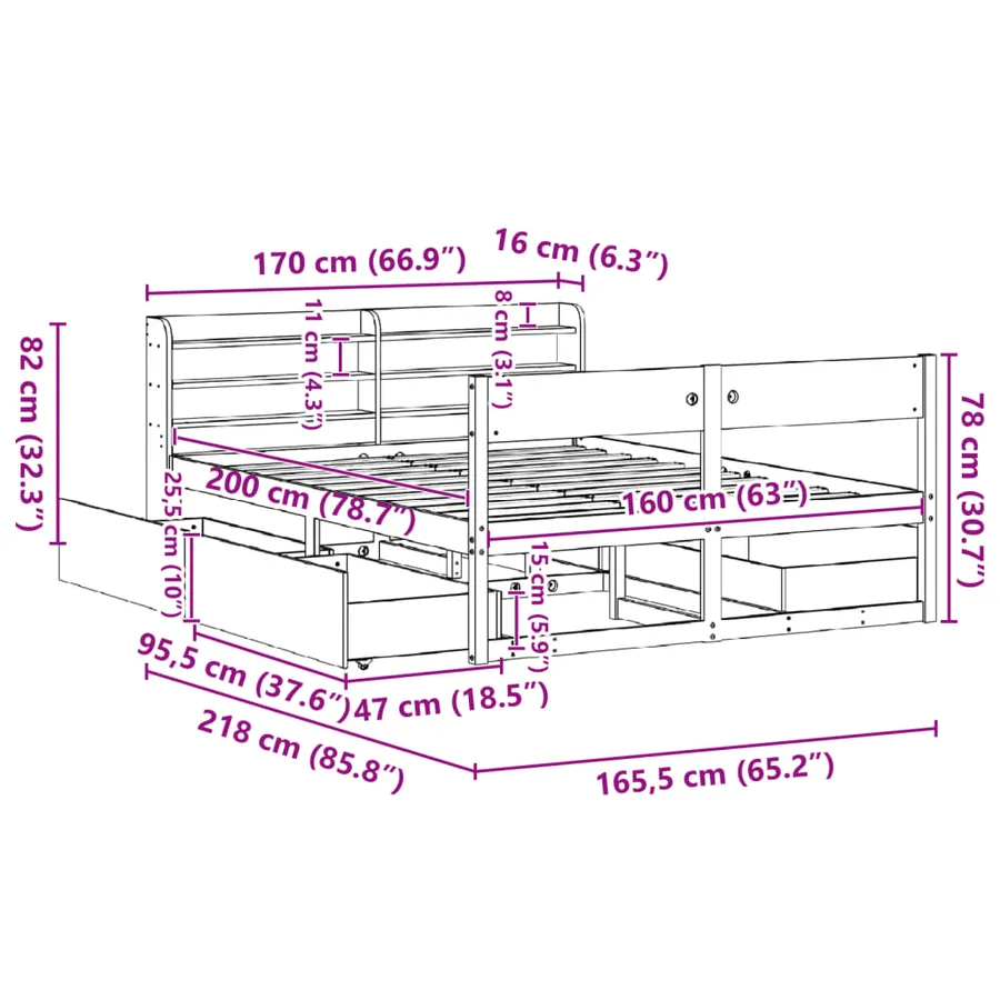 Cadre de lit sans matelas 160x200 cm bois massif de pin - 12