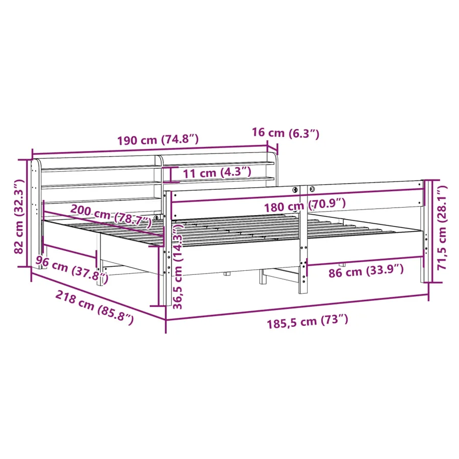 Cadre de lit sans matelas blanc 180x200 cm bois massif de pin - 12