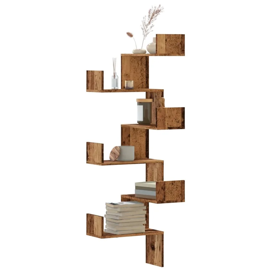 Étagère d'angle murale vieux bois 45x45x147cm bois d'ingénierie
