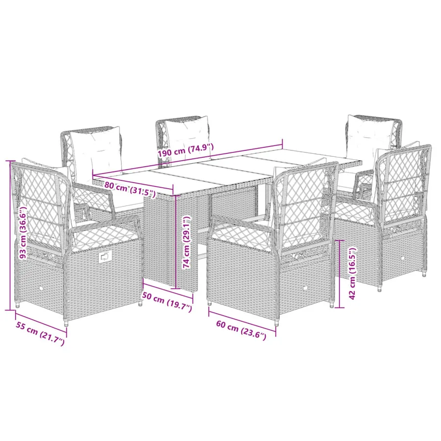 Ensemble à manger de jardin et coussins 7 pcs gris rotin - 8