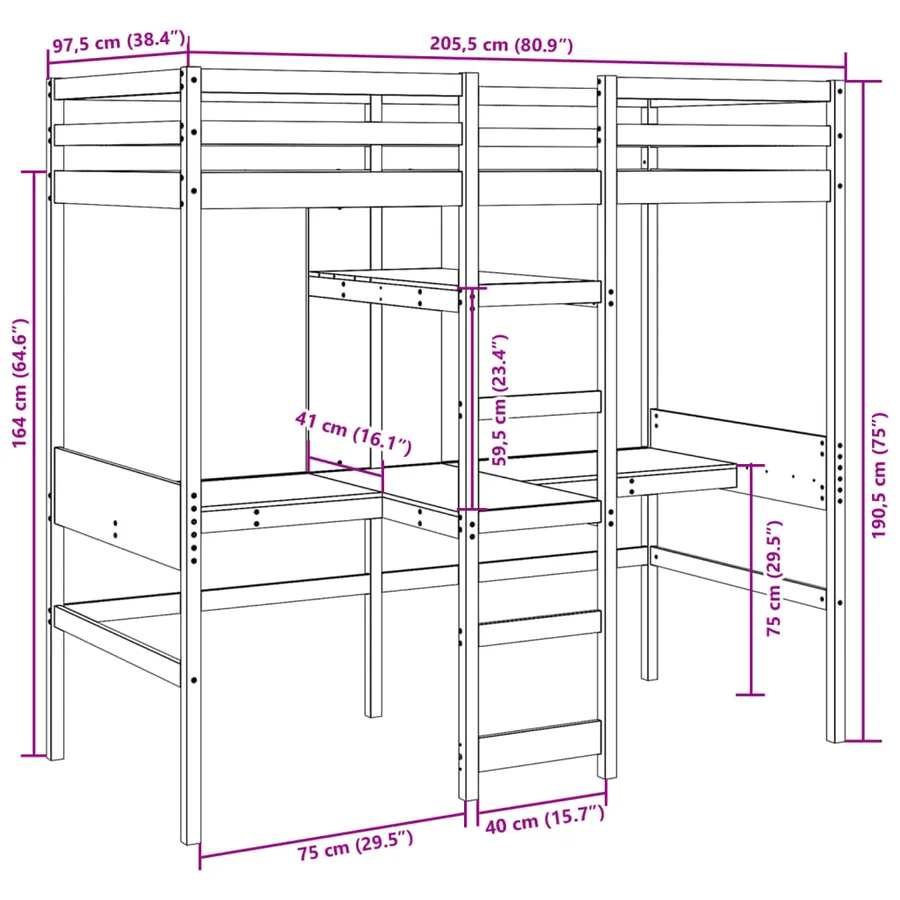 Lit mezzanine avec bureau et étagères brun cire 90x200 cm pin - 10