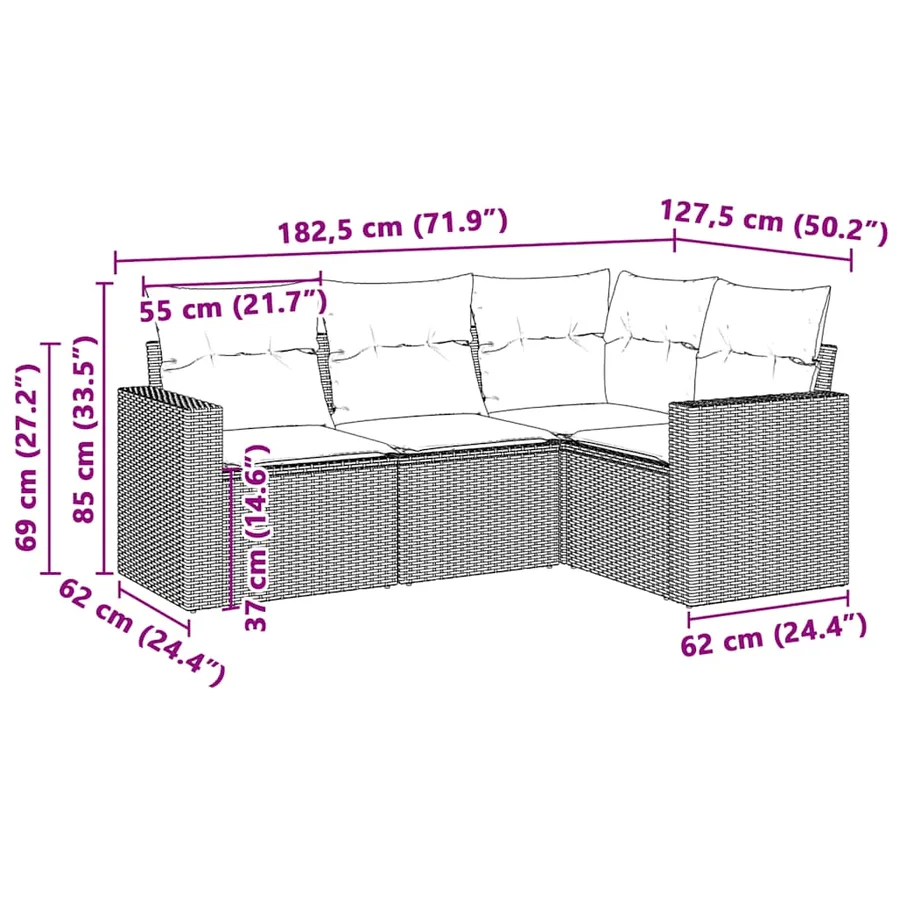 Salon de jardin 4 pcs avec coussins gris clair résine tressée - 3